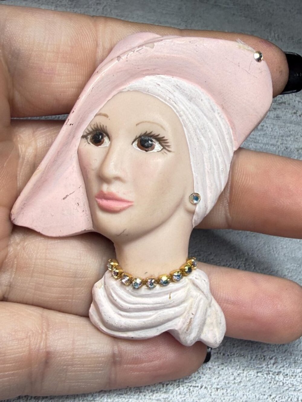 Lady Face Brooch Hand Painted Ceramic 3D Vintage OOAK Upcycle